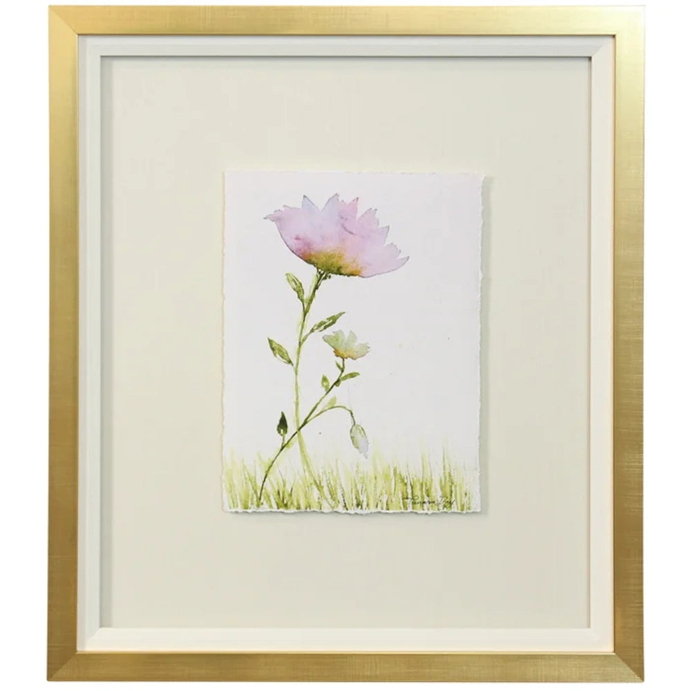 Framed pink watercolor flower wall art with a gold frame and white matting, titled Les Fleurs du Village III by Tamara Day.