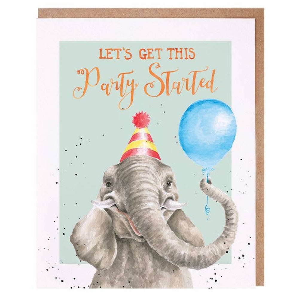Watercolor elephant wearing a striped party hat and holding a blue balloon. Text: "Let's Get This Party Started."