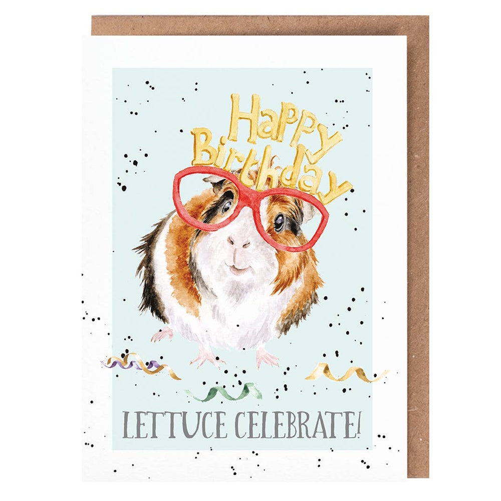 Watercolor guinea pig in red glasses with Happy Birthday crown and "Lettuce Celebrate!" text on a light blue background.