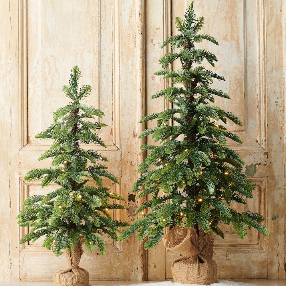 Two lighted artificial pine trees in burlap bags placed against a rustic wooden door background.