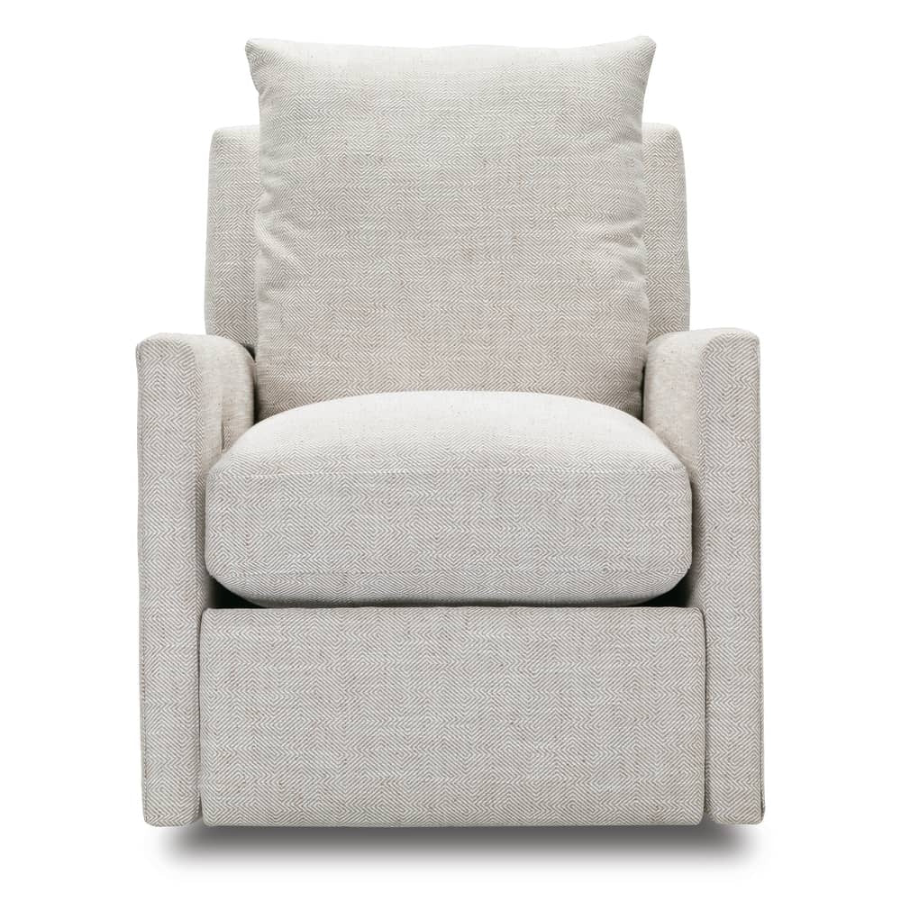 Front view of a modern Lilah recliner chair with beige chevron patterned upholstery on a white background.