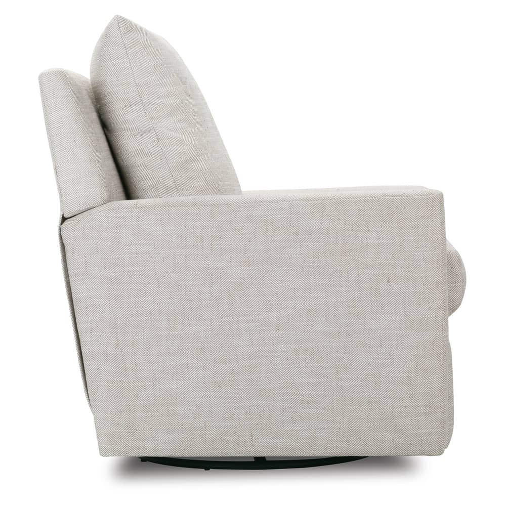 Side profile of the Lilah swivel glider recliner in a neutral cream and tan chevron patterned fabric.