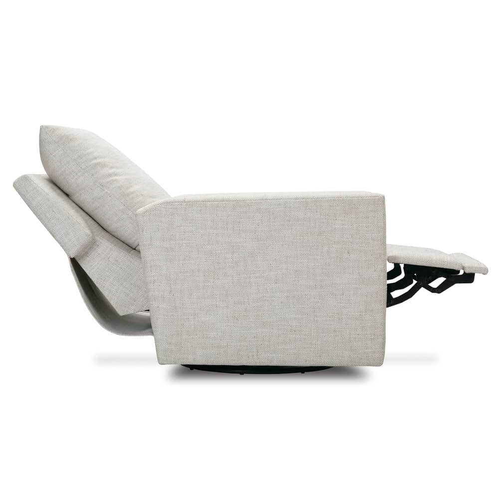 Lilah Swivel Glider Recliner in light gray with patterned upholstery and reclined back and footrest.