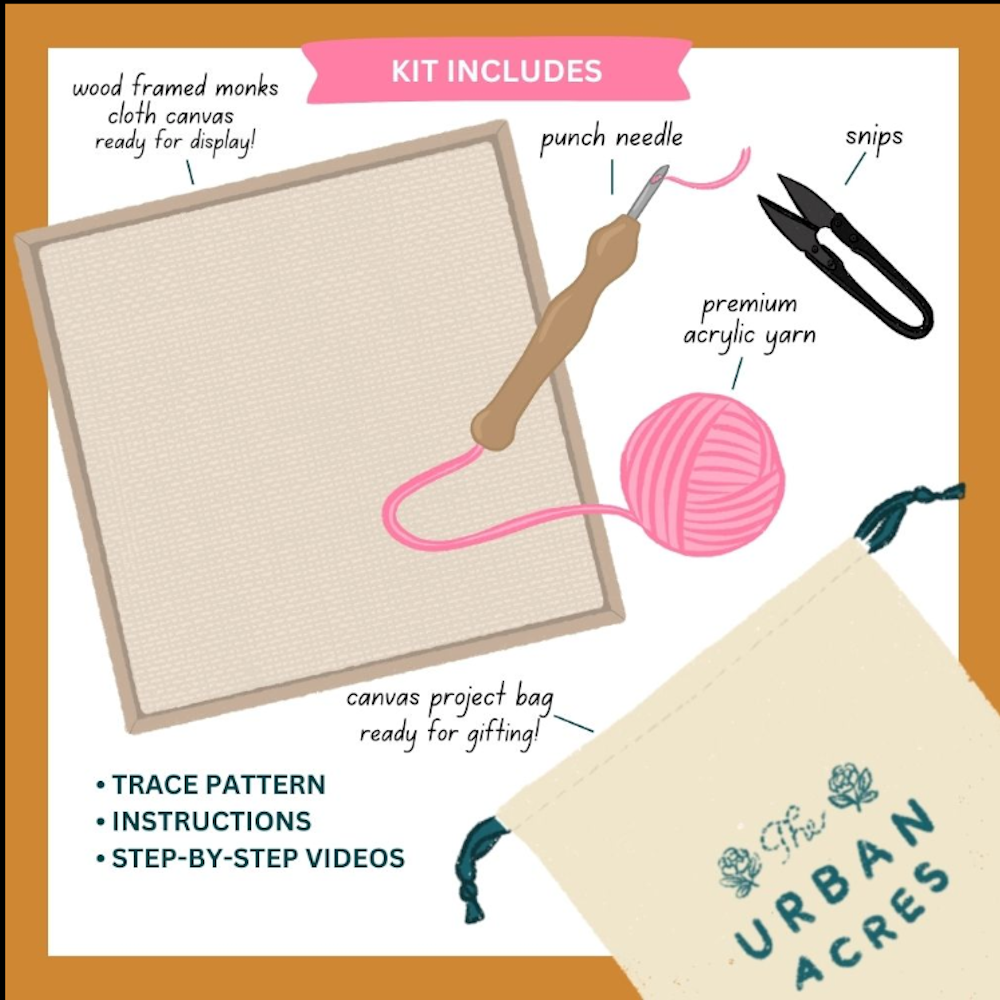 Punch needle frame kit contents including framed monk's cloth, yarn, needle, snips, and project bag.