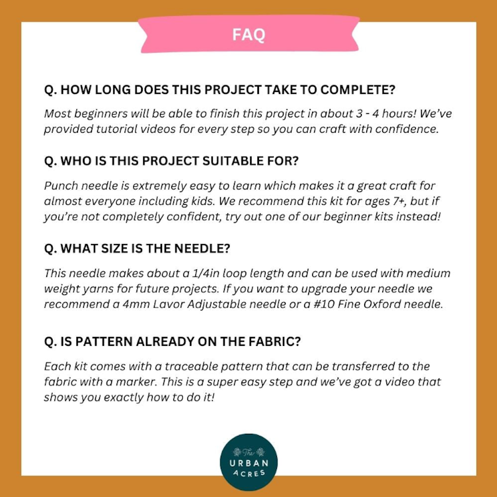 FAQ graphic card answering common questions about a punch needle kit.