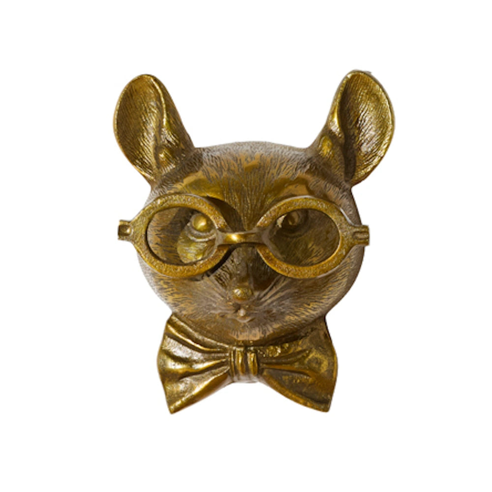 Bronze-colored mouse head wall mount wearing round glasses and a matching bow tie on a white background.