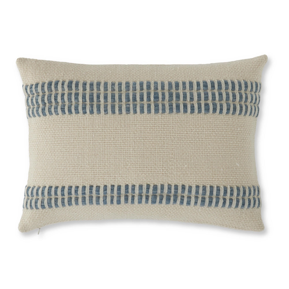 Lumbar blue wool blend woven pillow with ivory base and horizontal textured stripes on a white background.