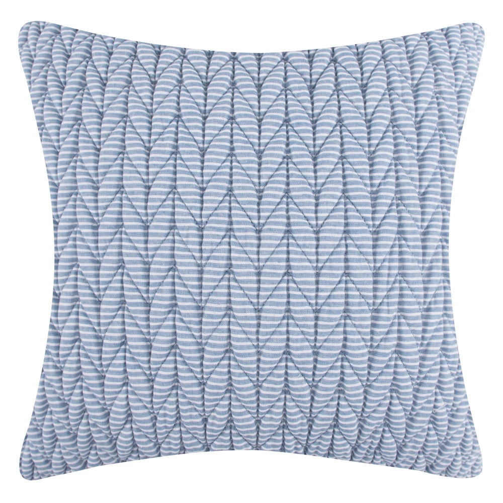 Square throw pillow featuring light blue and white stripes with a textured chevron-quilted pattern.