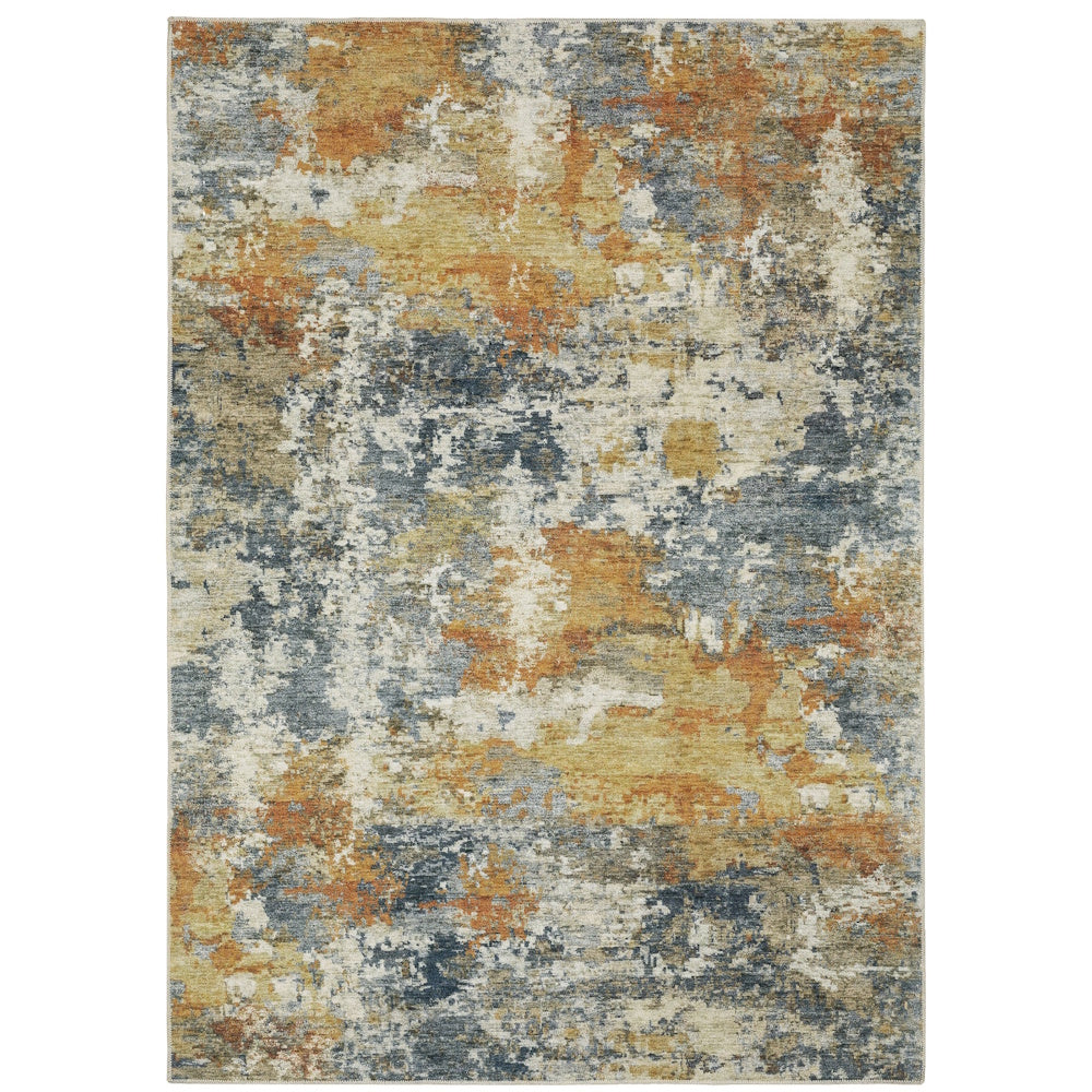 Abstract area rug with a distressed texture in shades of blue, orange, gold, and cream.