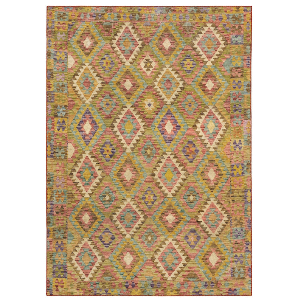 A colorful woven rug featuring a repeating geometric diamond pattern in olive green, pink, and purple.
