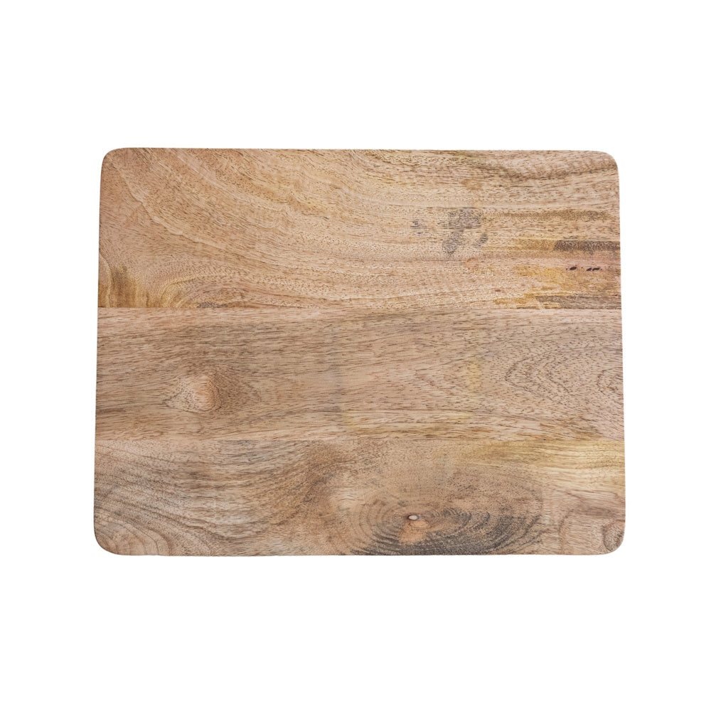 Top-down view of a rectangular mango wood footed cheese serving board showcasing natural grain patterns.