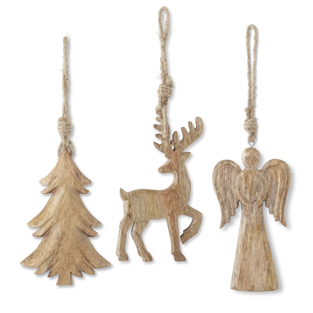 Mango Wood Holiday Ornaments with Jute Hangers