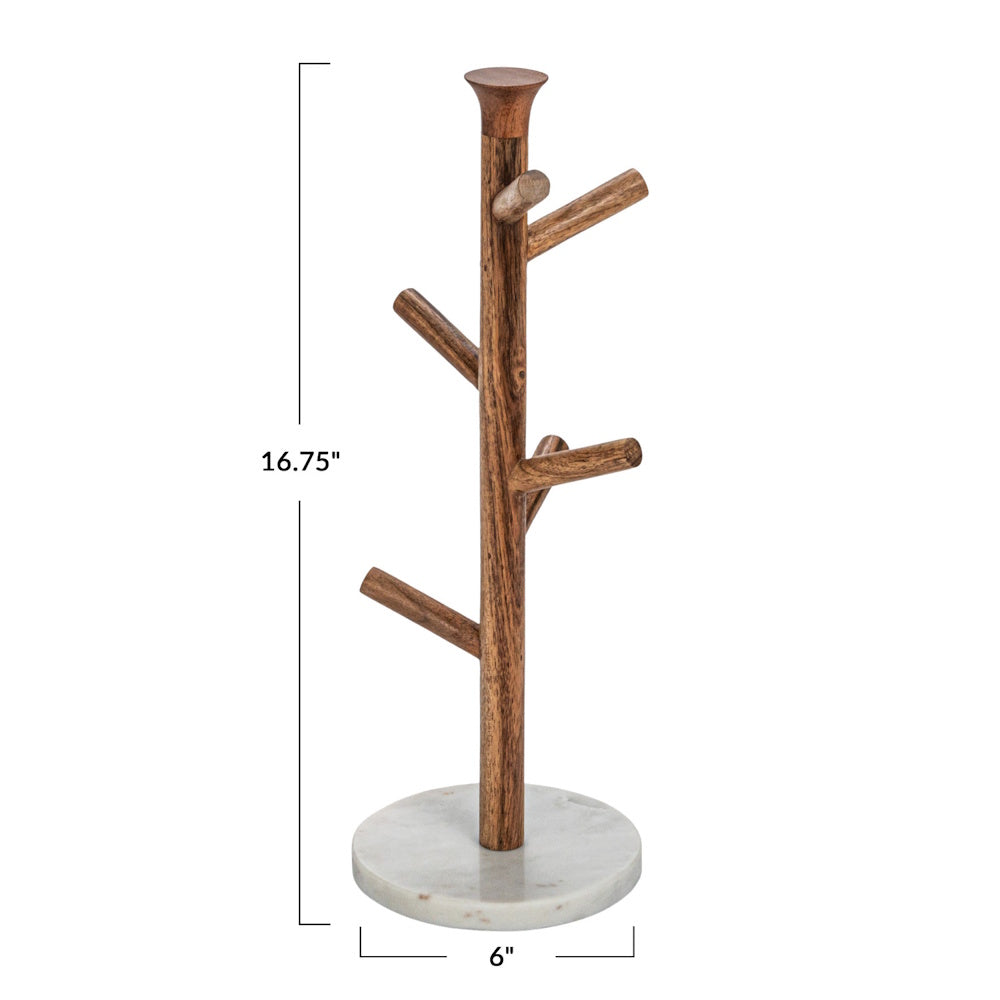 Wooden mug rack with marble base. Dimensions: 16.75 inches high and 6 inches wide. Simple, modern kitchen storage.