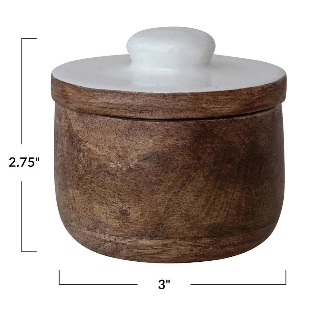 Small round wooden salt cellar with white marble lid, measuring 3 inches wide and 2.75 inches tall.