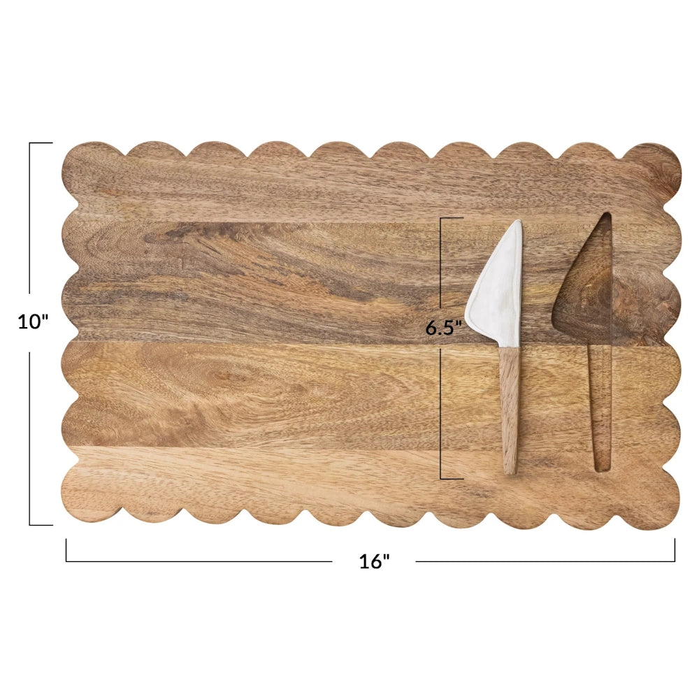 Rustic scalloped edge wooden serving platter with integrated cheese spreader, 16 inch rectangular cheese board.