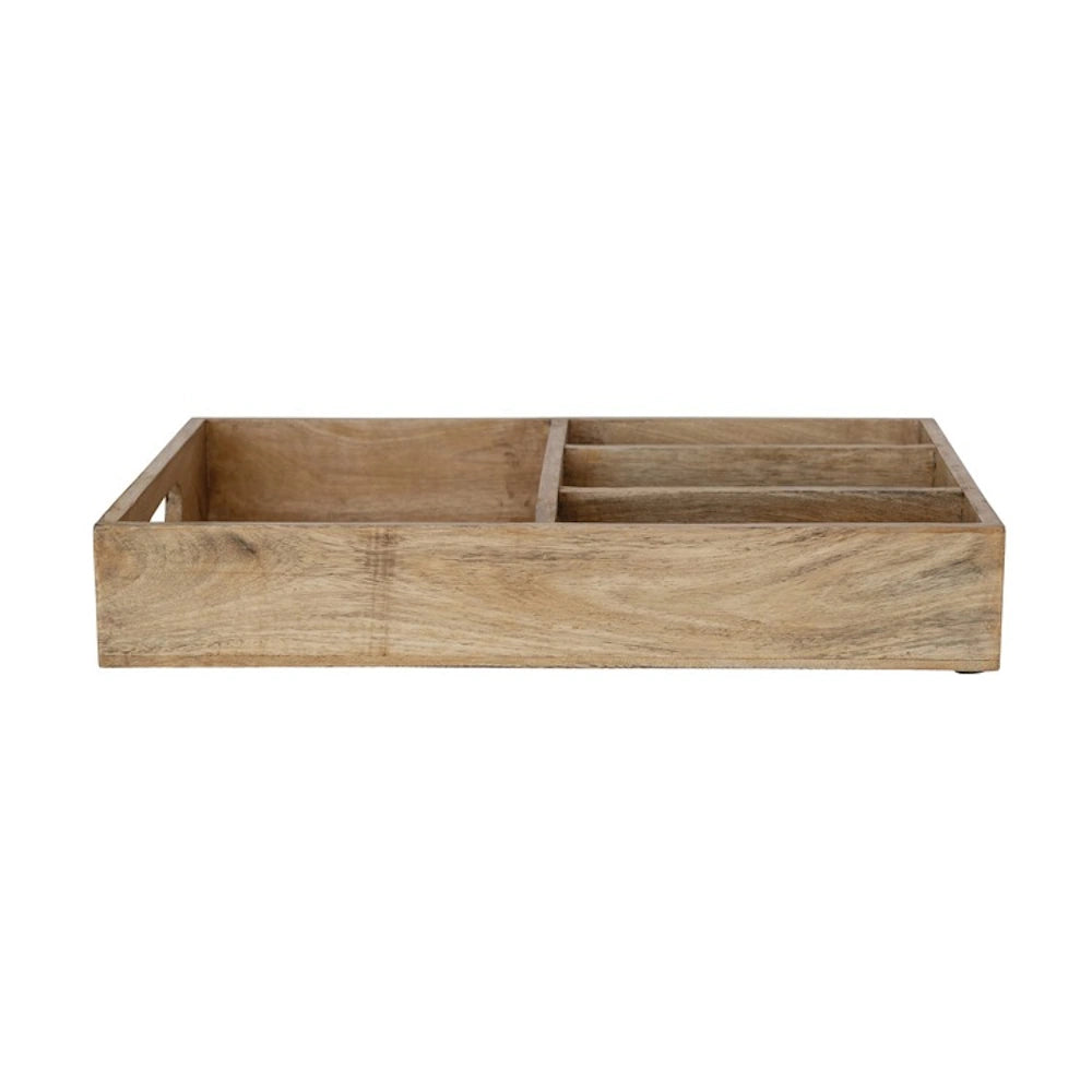 Mango wood tray with handles and 4 compartments for organization.