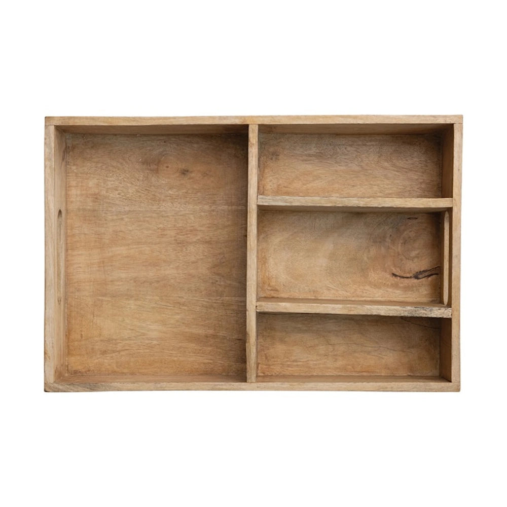 Mango wood serving tray with handles and 4 divided sections.