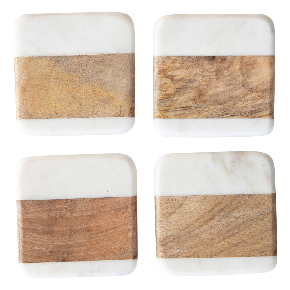 Set of four square coasters featuring a white marble design with a horizontal acacia wood stripe in the middle.