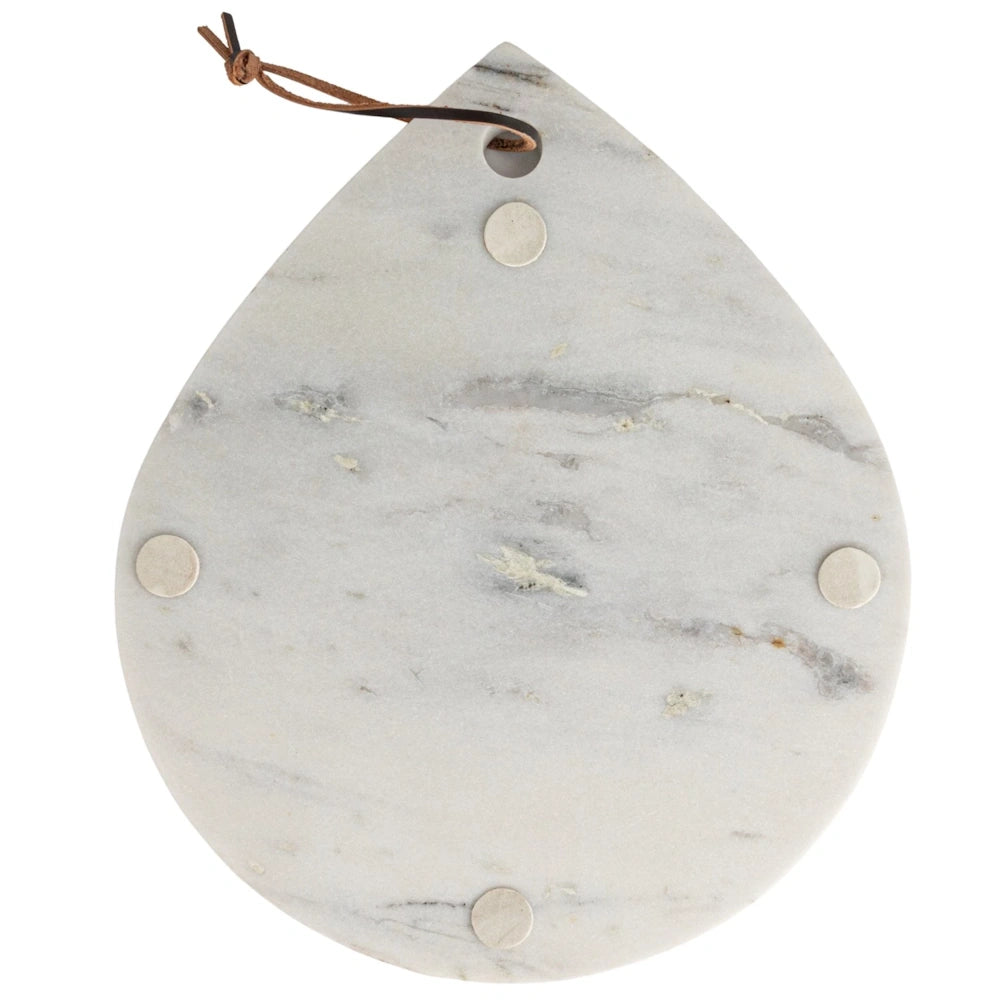 Teardrop-shaped white marble cheese board with gray veining, leather hanging tie, and non-slip feet on a white background.