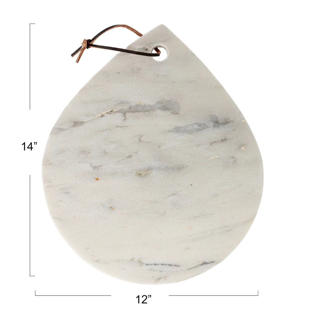 Teardrop-shaped white marble cheese board with leather tie, labeled with 14-inch height and 12-inch width dimensions.
