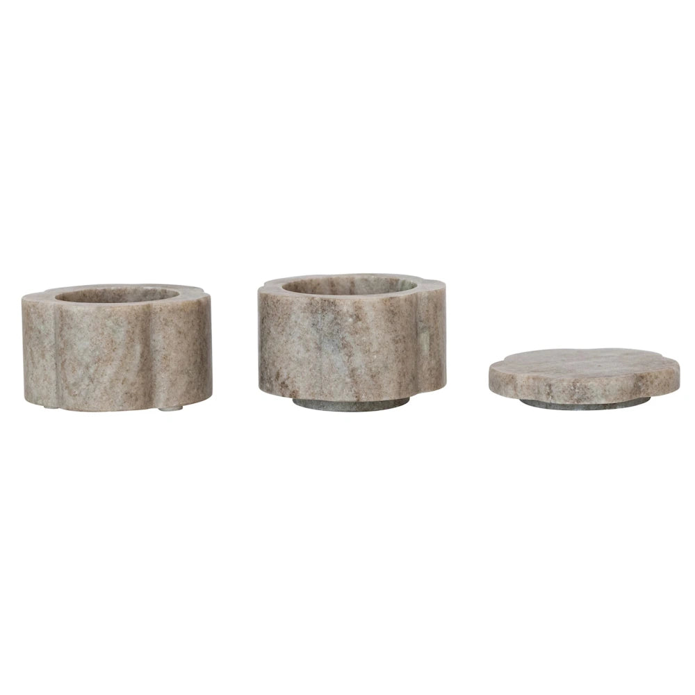 Hand-carved marble salt and pepper cellars with matching lids, stone spice pinch bowls for kitchen counters.