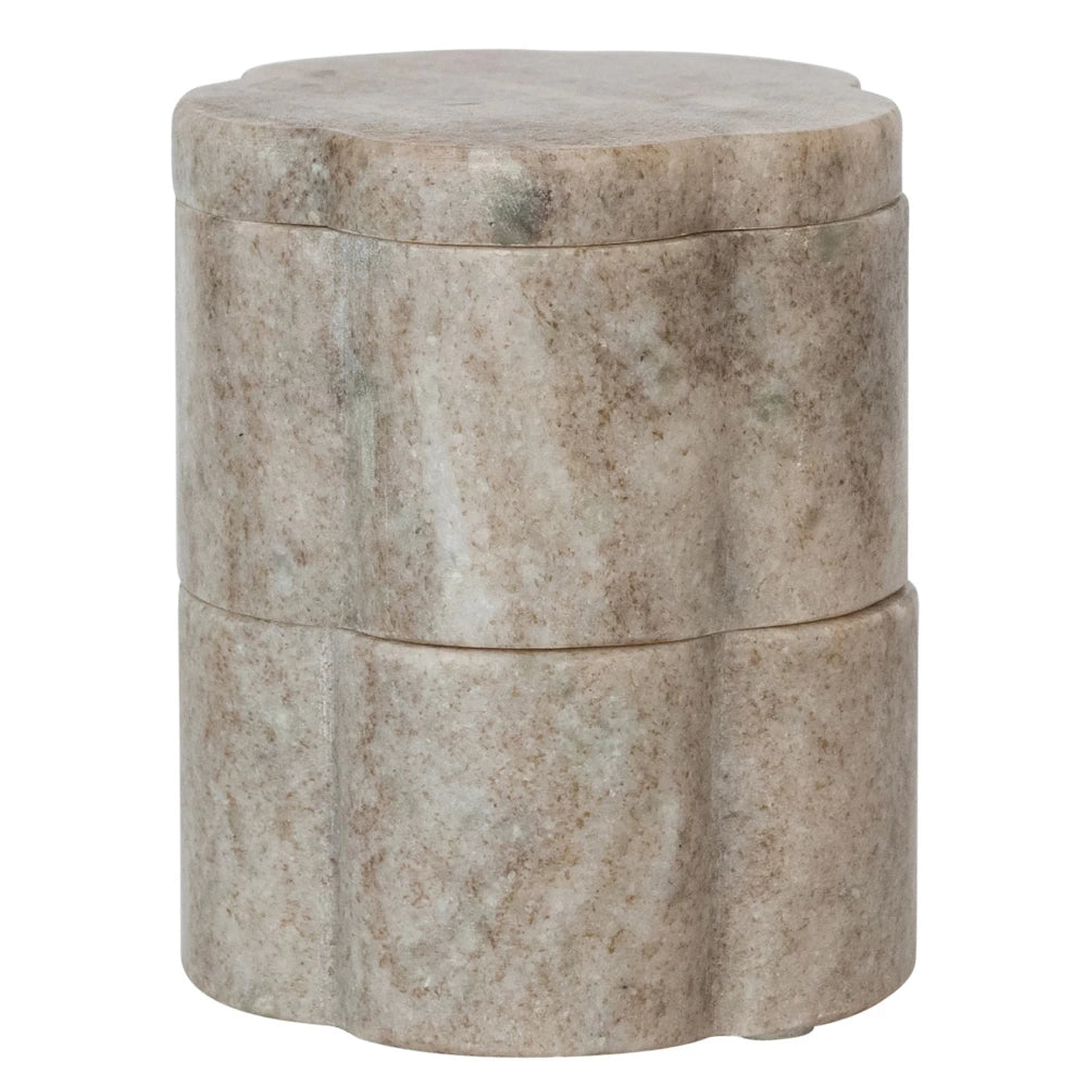 Fluted natural stone marble jar, scalloped edge storage container for vanity or coffee table decor.