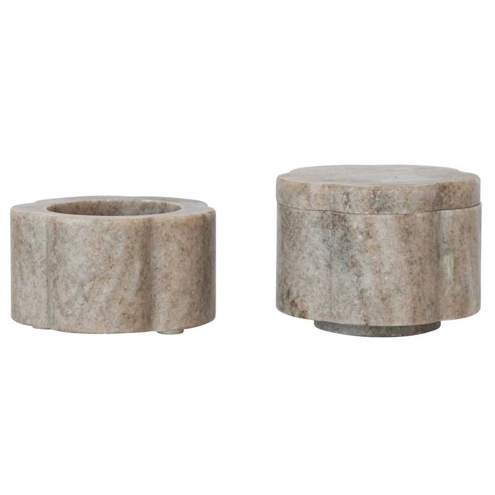 Pair of fluted beige marble containers, including a tealight holder and a small stone trinket box with lid.