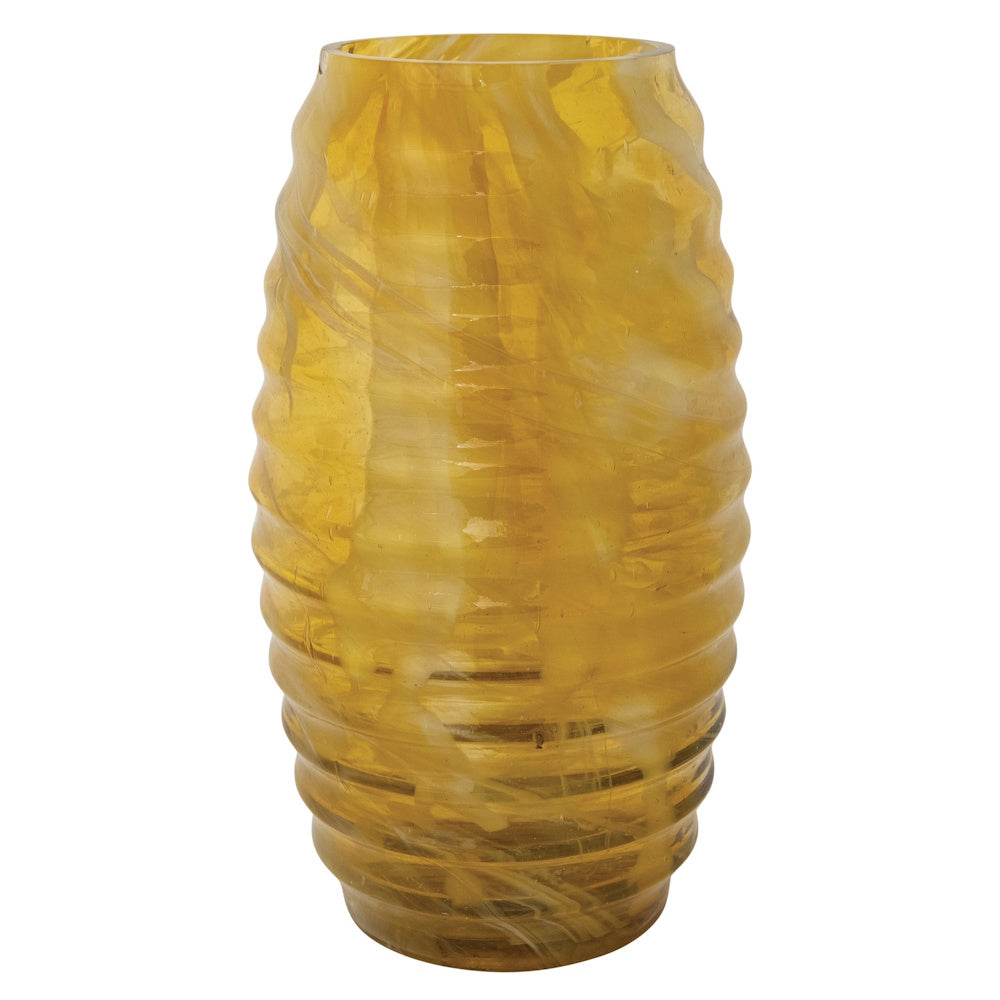 Oval glass vase with horizontal ribbing and a marbled amber and white pattern.