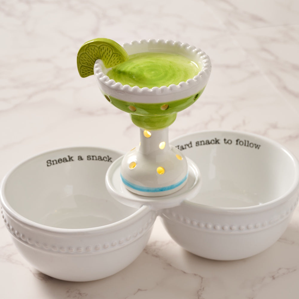 Margarita light-up sitter on a white ceramic double snack bowl with "Sneak a snack" and "Hard snack to follow" text.