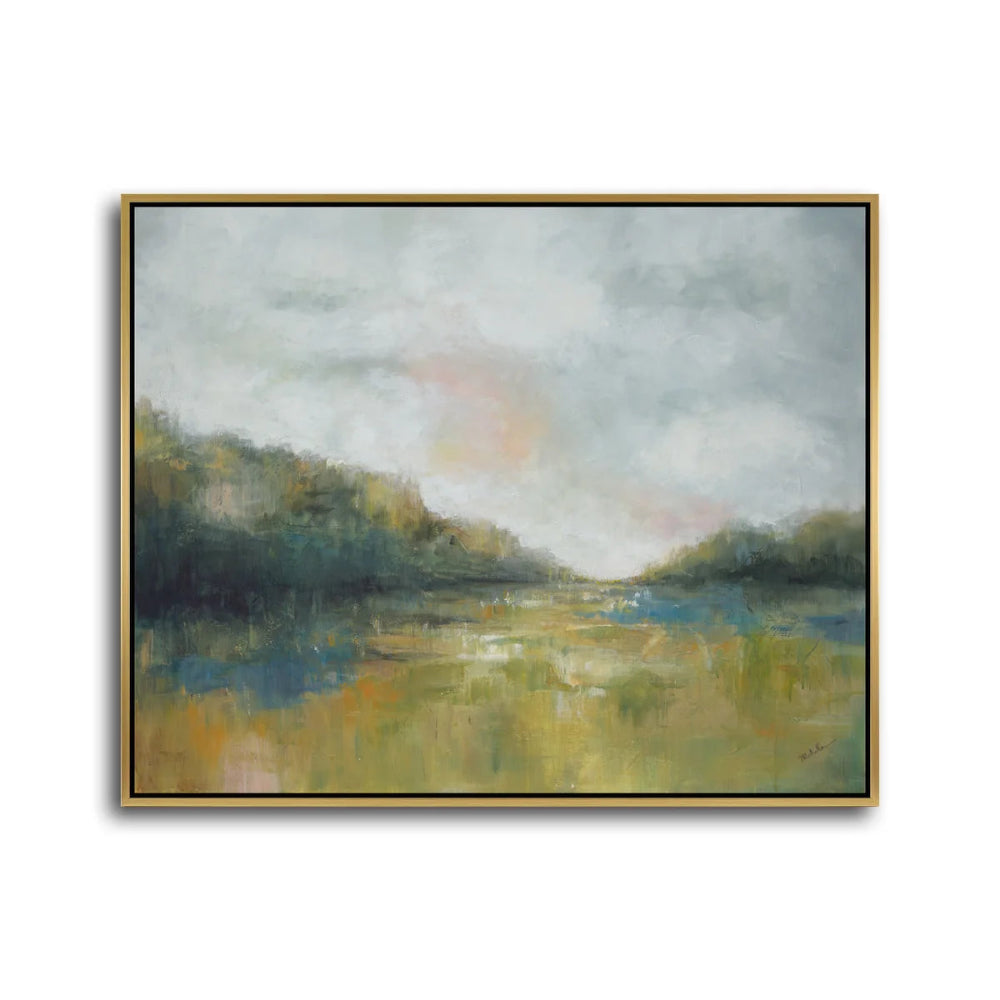 Framed abstract landscape oil painting with muted green fields and a cloudy sky in a gold frame.