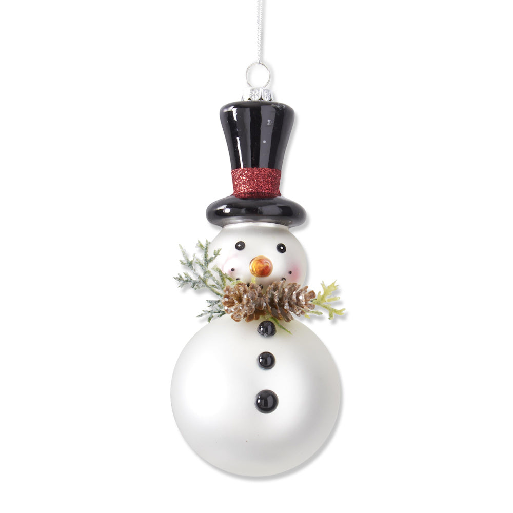 Matte White Blown Glass Snowman Ornament with Pinecones