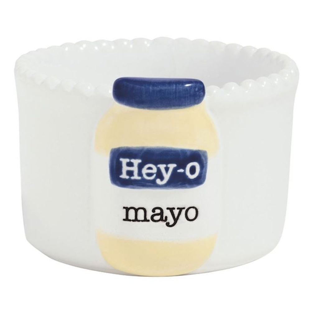 White ceramic mayonnaise dipping bowl with beaded rim and 3D "Hey-o mayo" jar detail on a white background.