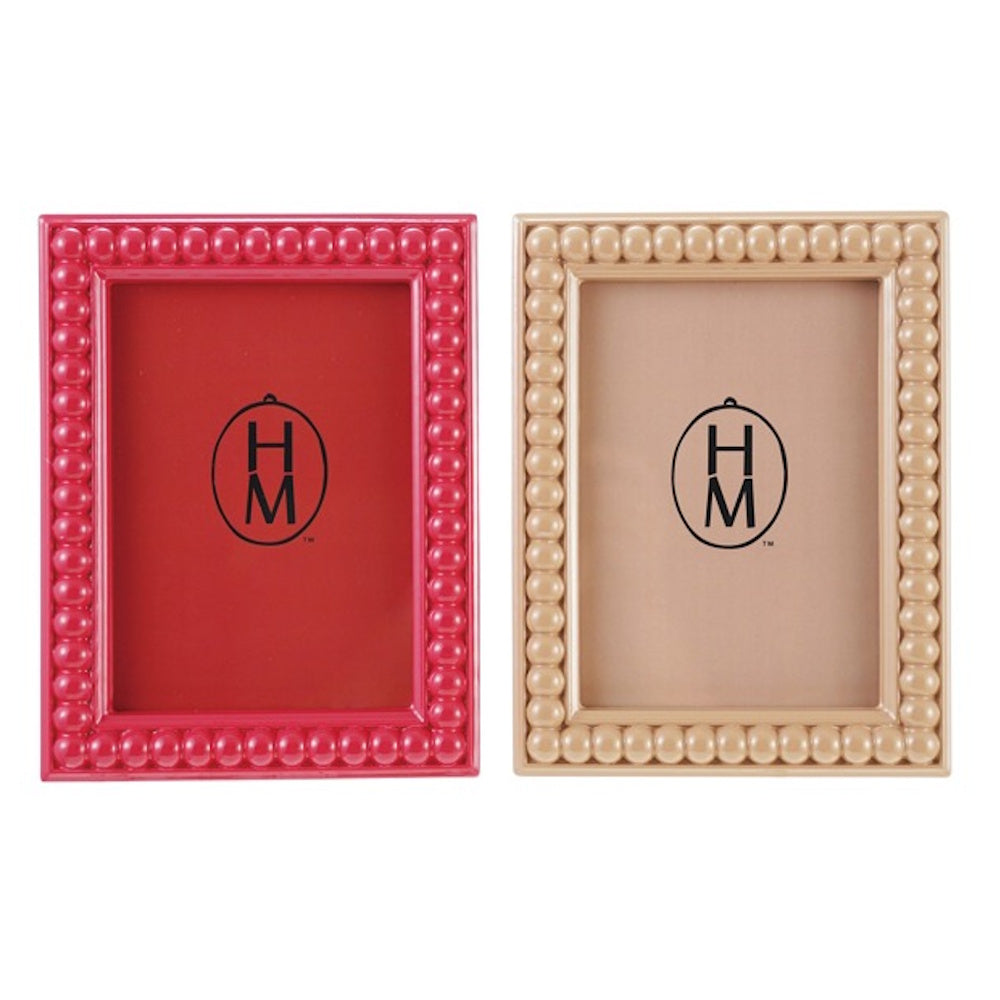 Two rectangular photo frames with beaded bobbin borders in glossy red and neutral beige.