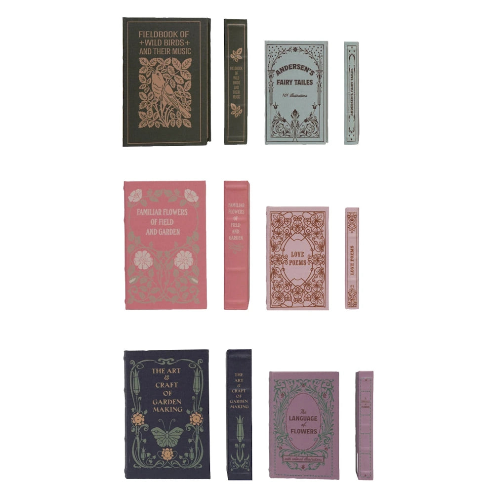 Collection of six antique-style decorative books with floral illustrations, bird motifs, and classic literature titles.