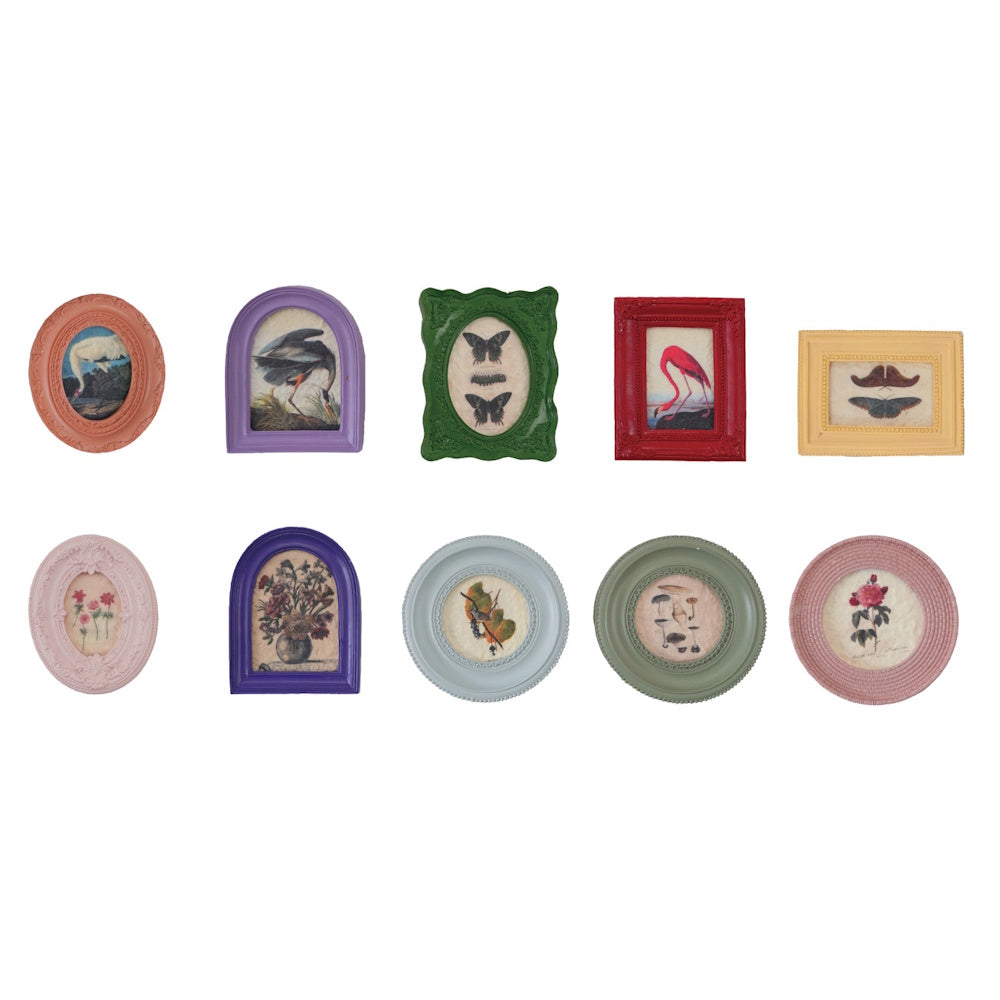 Collection of ten colorful mini framed art magnets displaying various vintage nature illustrations.