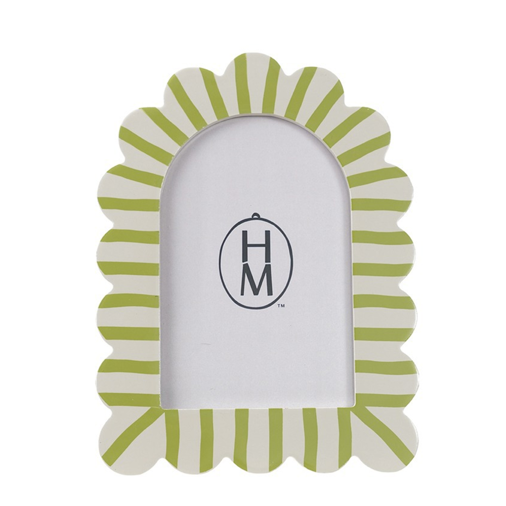 Green and white striped scalloped photo frame with an arched opening, perfect for whimsical home decor and gifting.