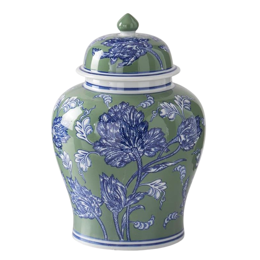 Green and blue floral ceramic ginger jar with a matching lid and white accents against a white background.