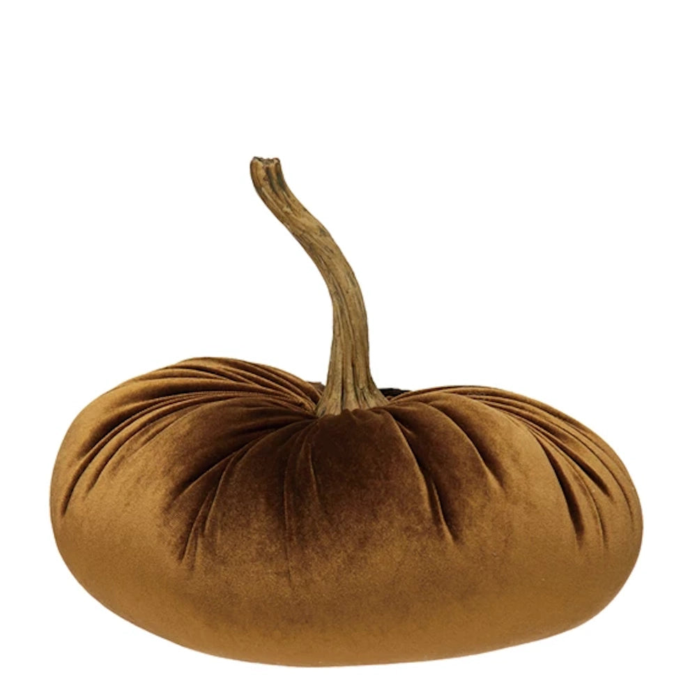 Plush brown velvet decorative pumpkin with a realistic, curved resin stem on a white background.