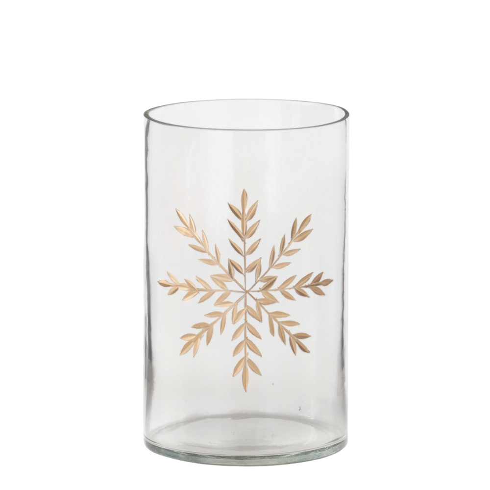 Medium clear glass container with an etched gold snowflake design on a white background.