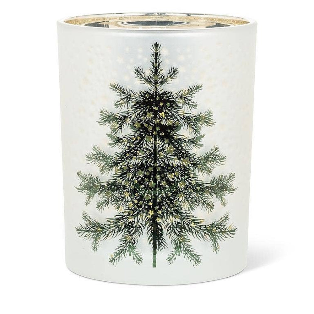 Frosted glass votive candle holder featuring a detailed green evergreen tree adorned with gold stars.