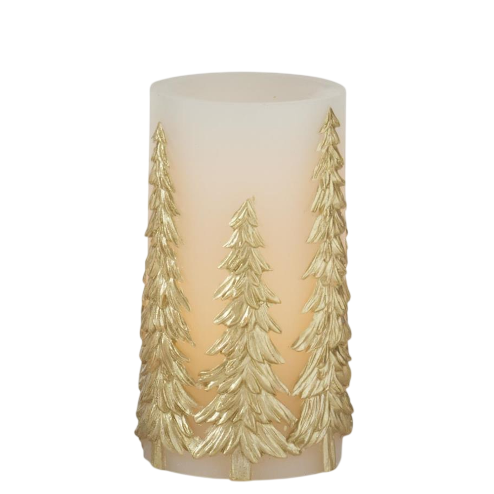 A medium LED pillar candle featuring an embossed gold tree pattern.