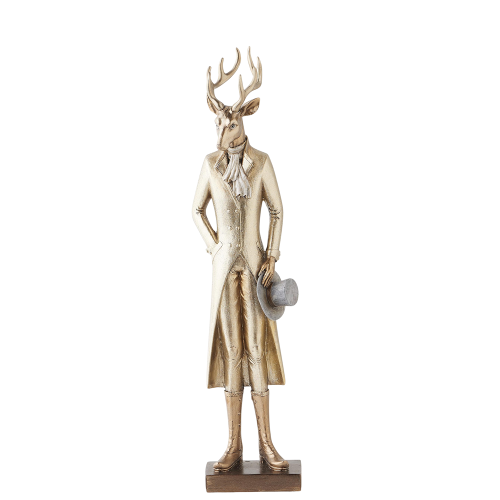 A medium gold resin standing deer figurine dressed in a vintage coat and holding a top hat.