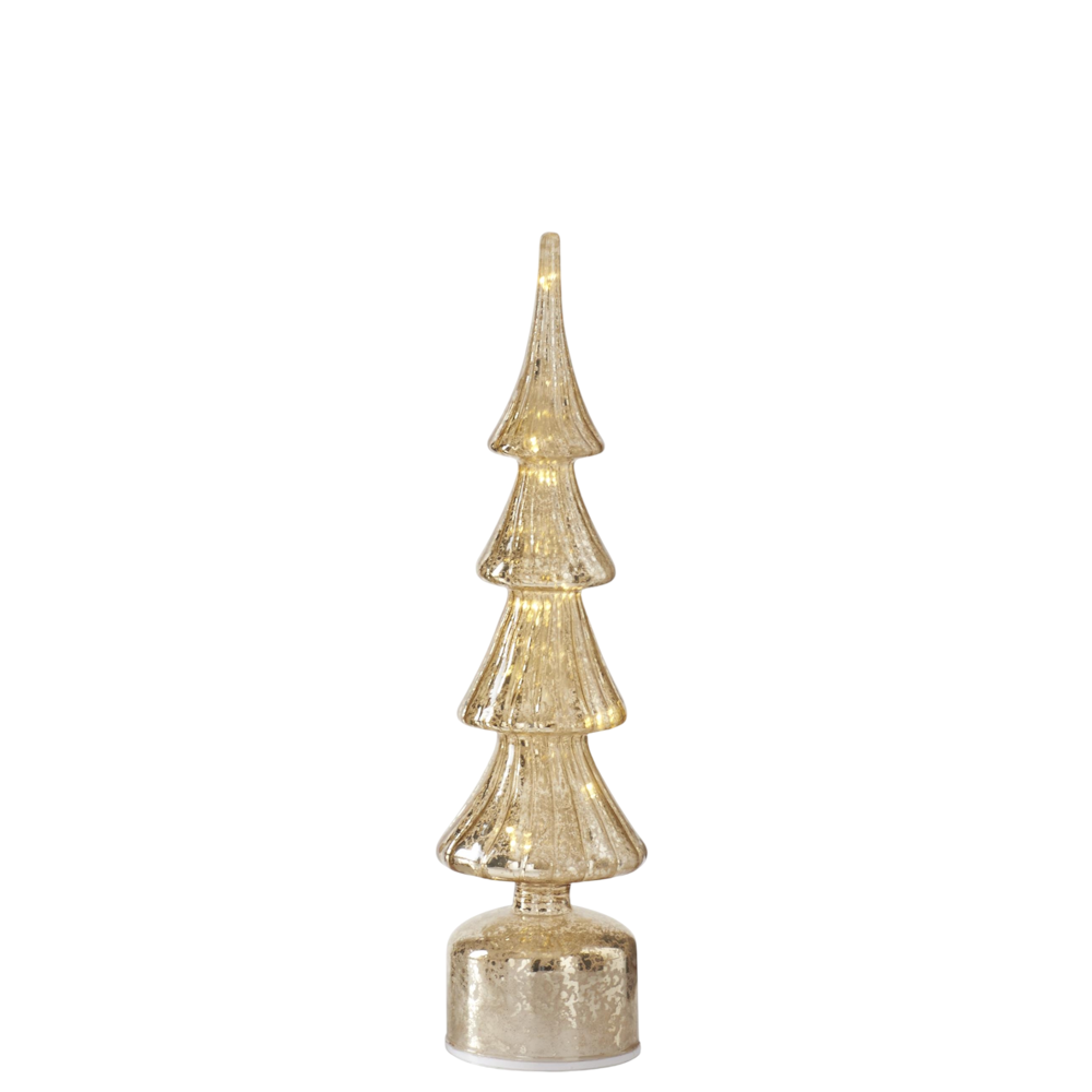 Medium illuminated gold mercury glass Christmas tree decoration with four ribbed tiers, on a white background.