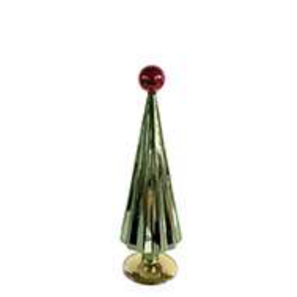 Medium green glass Christmas tree figurine with a red topper from a front view.