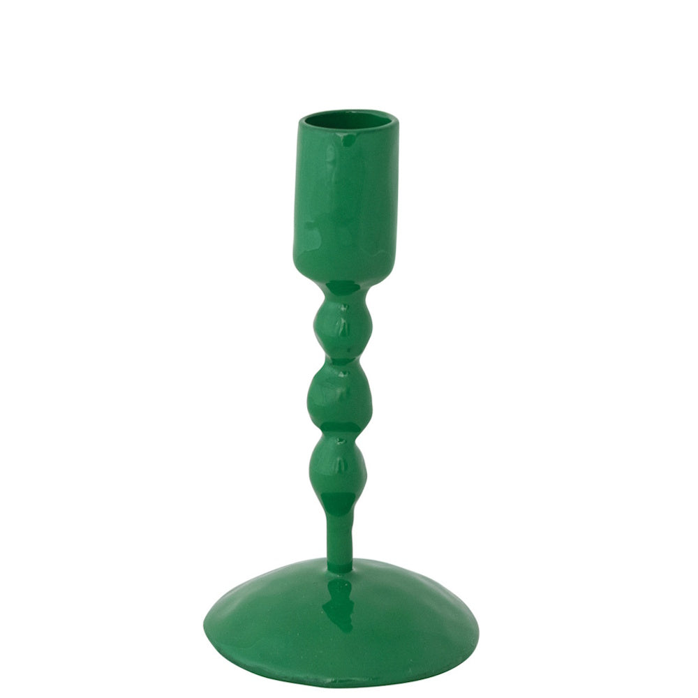 Glossy green enameled taper candle holder with a beaded stem and round base.