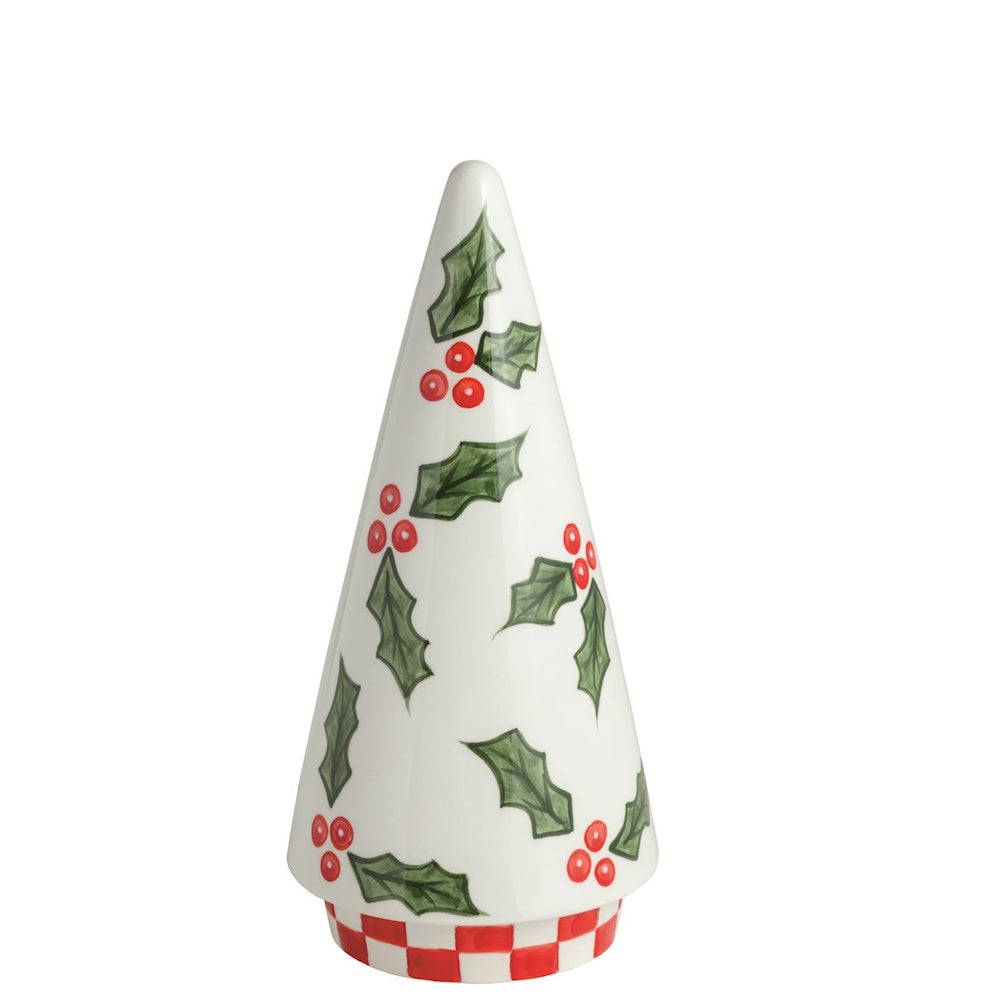Medium white ceramic cone Christmas tree decorated with holly leaves and a red checkered base.