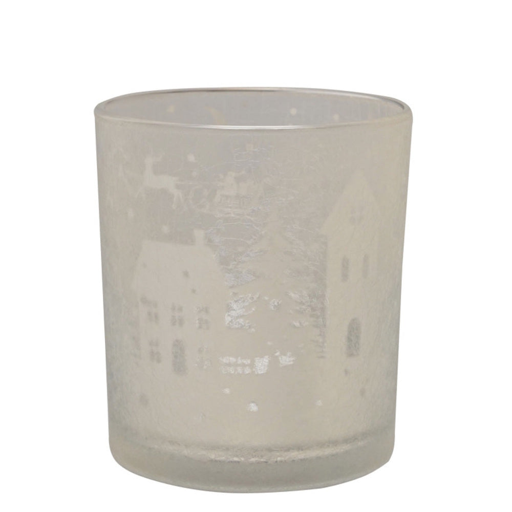 Frosted mercury glass votive holder etched with a winter village and Santa’s sleigh scene.
