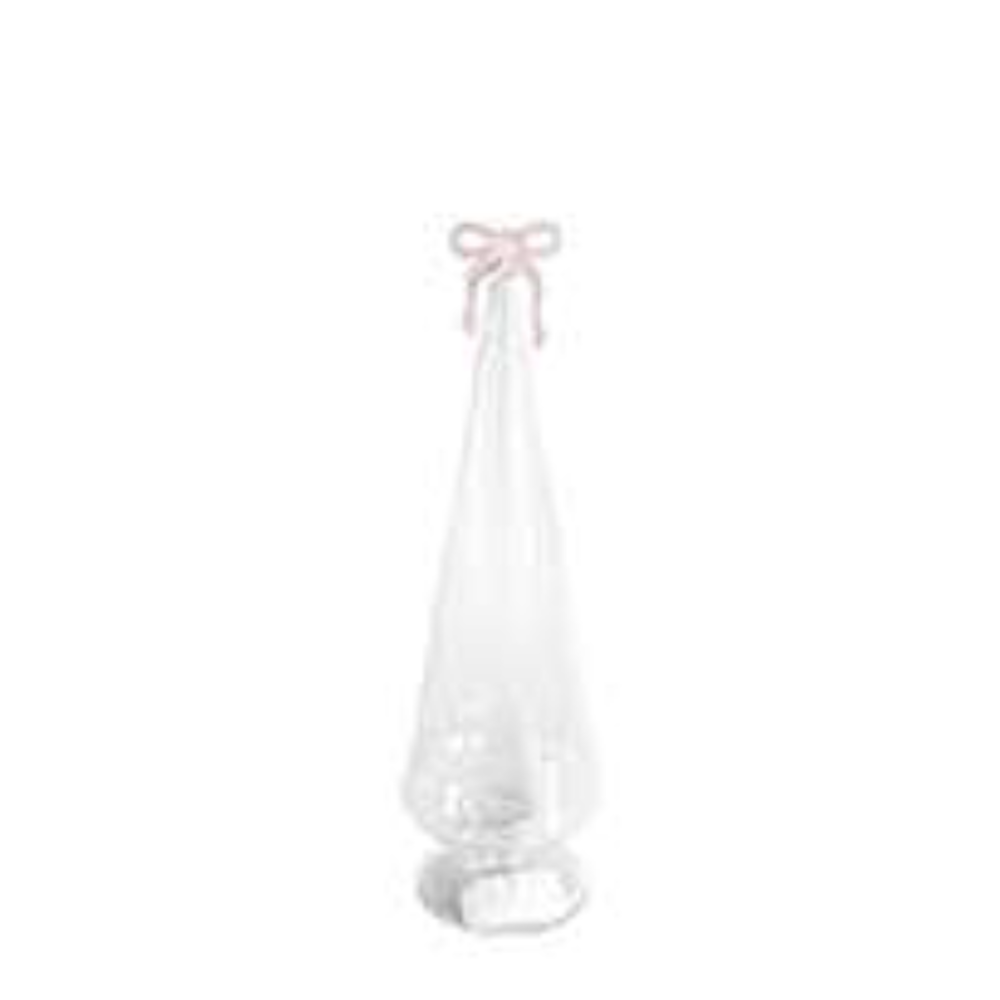 Medium clear glass Christmas tree figurine with a pink bow topper from a front view.