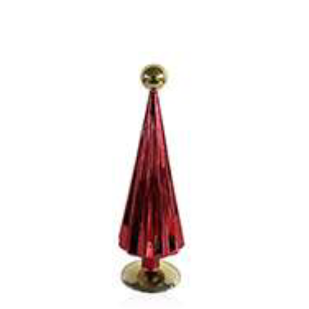 Medium red glass Christmas tree figurine with a gold topper from a front view.