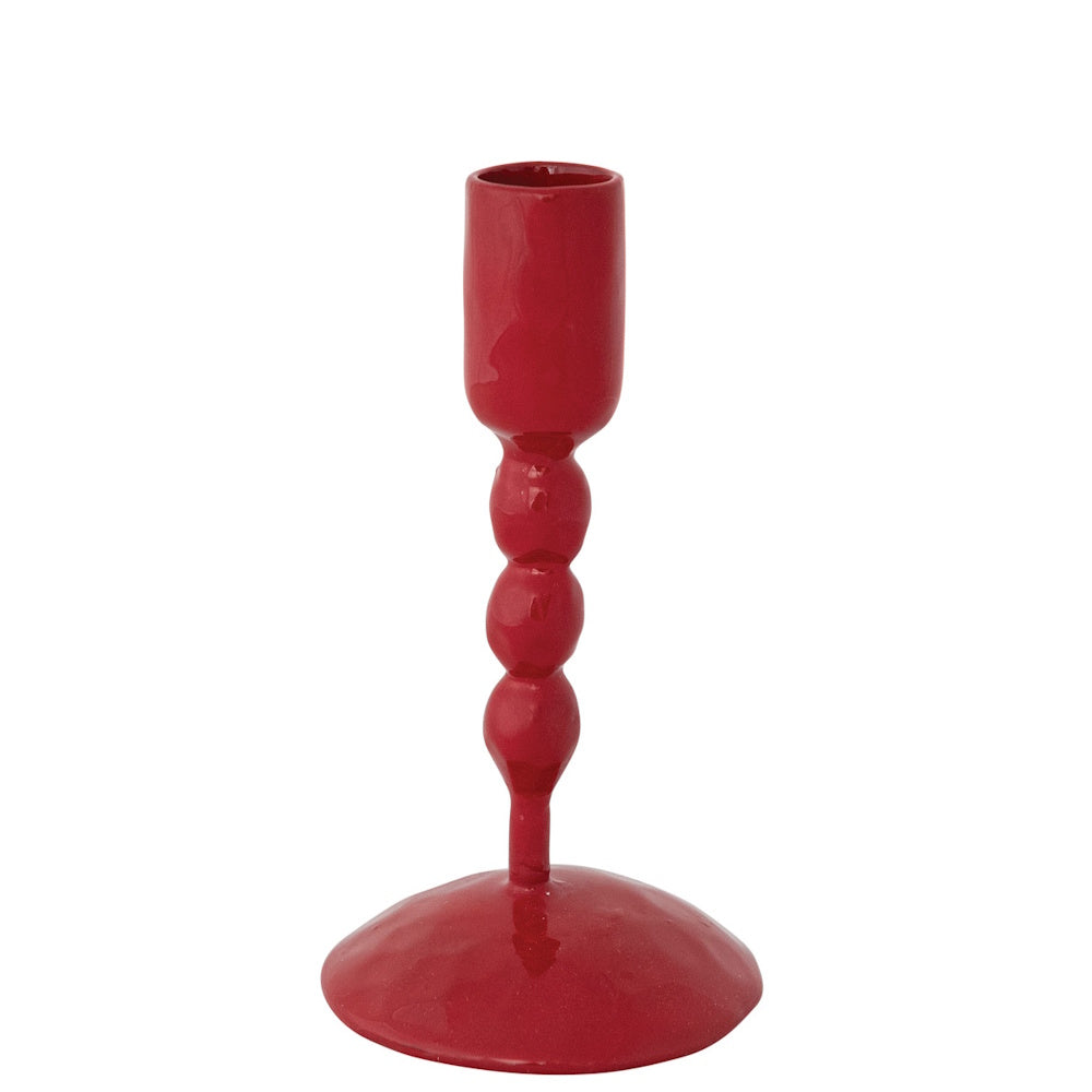 Glossy red enameled taper candlestick holder with a beaded stem and rounded base.